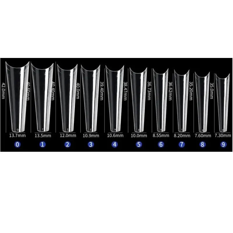guide de taille de la boite de 500 demi-capsules pour extension d'ongles long ballerina