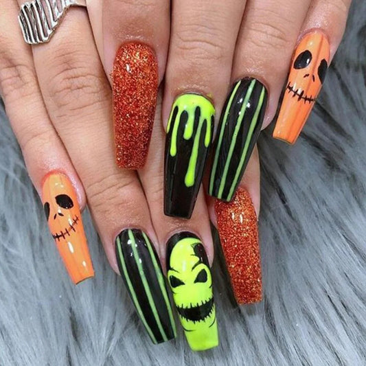 Press On Nails Halloween - Citrouilles et Effet Sang Néon