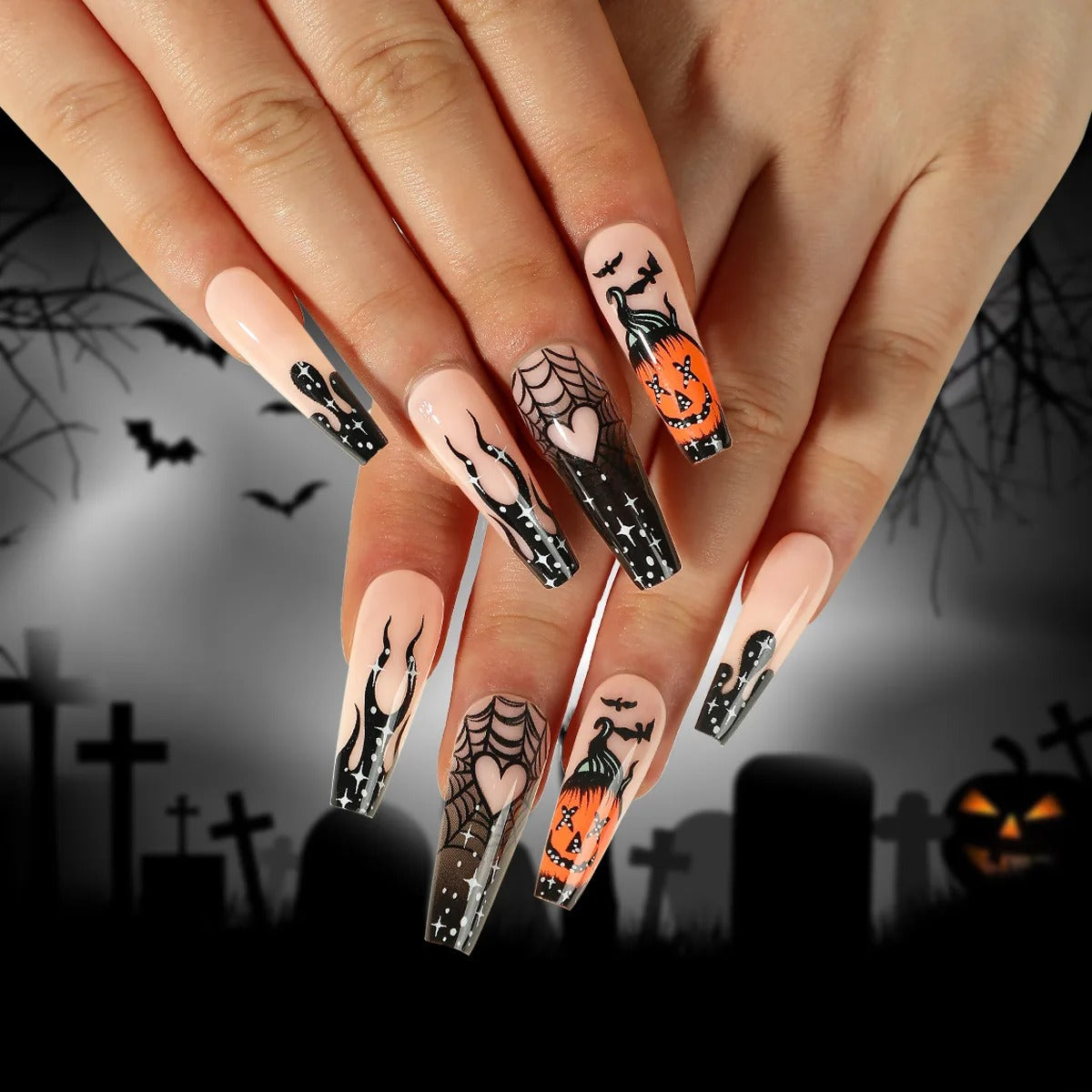 Press On Nails Halloween - Cimetière et Citrouille Éclairée