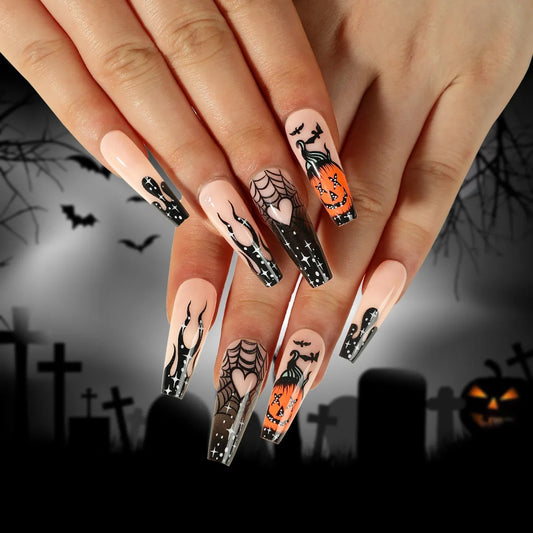 Press On Nails Halloween - Cimetière et Citrouille Éclairée