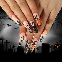 Press On Nails Halloween - Cimetière et Citrouille Éclairée