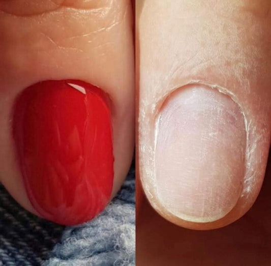 Exemple d'avant/après manucure russe avec vernis rouge